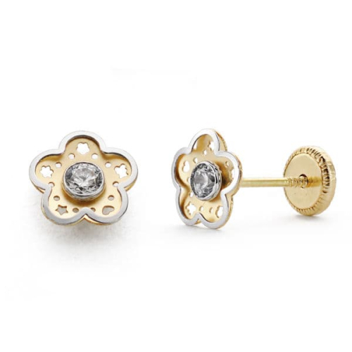 18K PENDIENTES BICOLOR FLOR CIRCONITA 7 MM CIERRE TUERCA 0