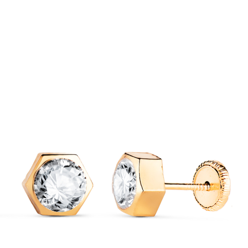 18K PENDIENTES ORO AMARILLO HEXAGONO CON CIRCONITA. MEDIDA: 7 X 6