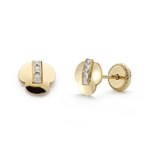 18K PENDIENTES ORO AMARILLO TREBOL CIRCONITAS. 6 MM CIERRE TUERCA 0