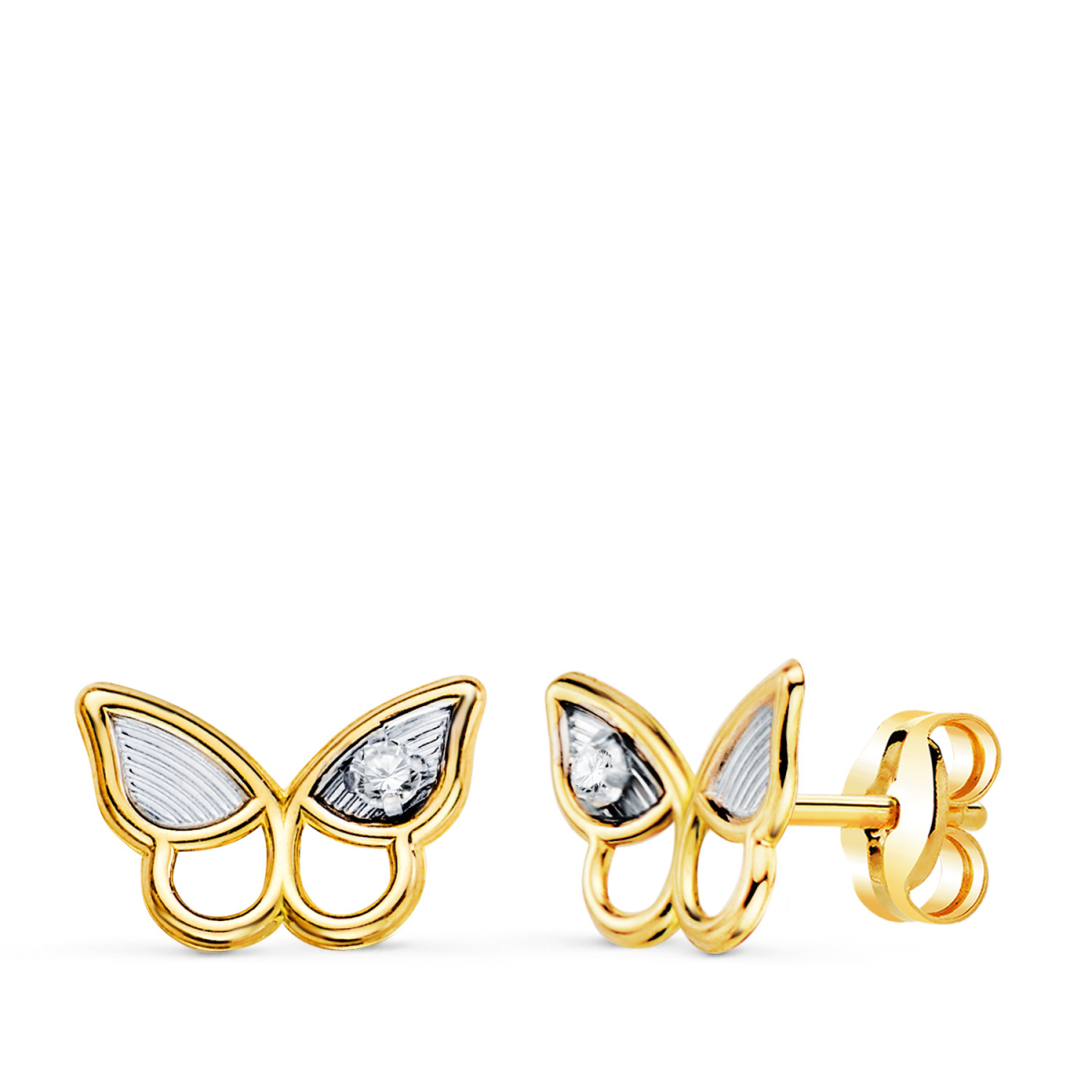 18K PENDIENTES ORO BICOLOR MARIPOSA CON CIRCONITAS. MEDIDA: 8 X 6