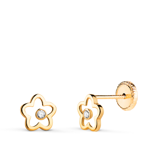 18K PENDIENTES ORO AMARILLO FLOR CALADA CON CIRCONITAS. MEDIDA: 6 X 6 MM. CIERRE TUERCA 0