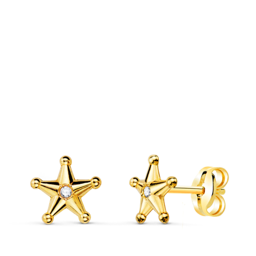 18K PENDIENTES ORO AMARILLO ESTRELLA SHERIFF CON BOLITAS Y CIRCONITAS. 7X7 MM CIERRE PRESION 0