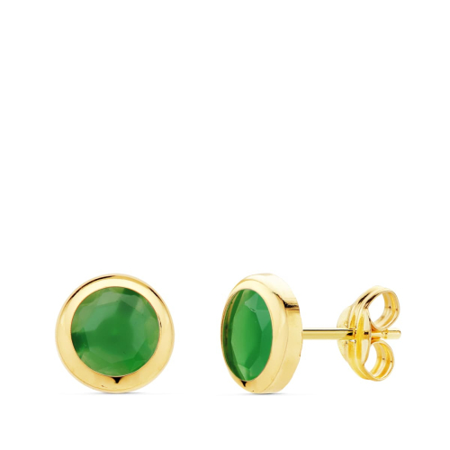 18K PENDIENTES ORO AMARILLO CHATON PIEDRA VERDE. 6.5 MM CIERRE PRESION 0