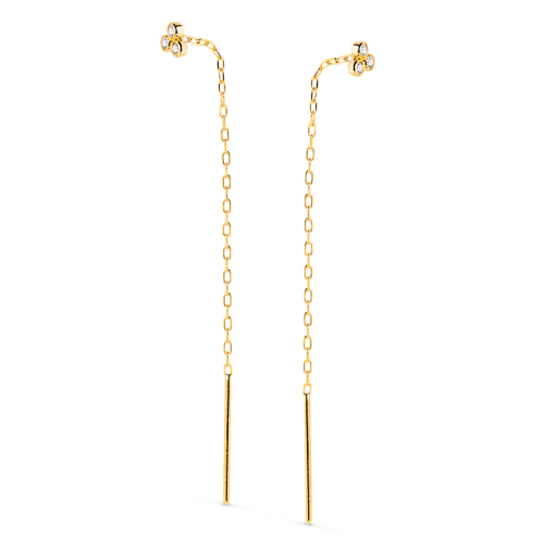 18K PENDIENTES ORO AMARILLO CON TRES CIRCONITA 3X3MM Y CADENA. LARGO: 56MM CIERRE PRESION 0