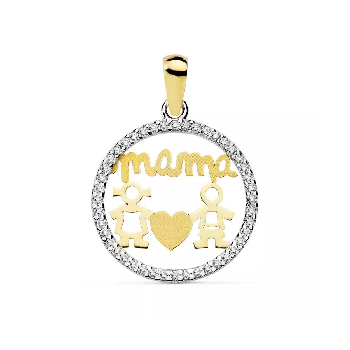 18K COLGANTE BICOLOR MAMA NIÑO Y NIÑA CIRCONITA 16 MM 1