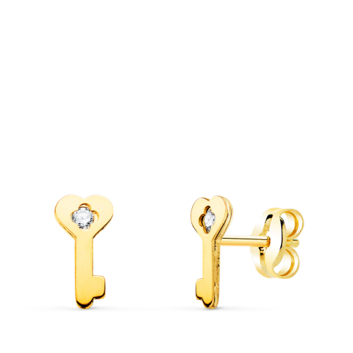 18K PENDIENTES ORO AMARILLO LLAVE CON CIRCONITA CIERRE PRESION 8 X 4 MM 0