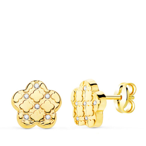 18K PENDIENTES ORO AMARILLO FLOR Y CIRCONITA 7.5X7 MM CIERRE PRESION. 0