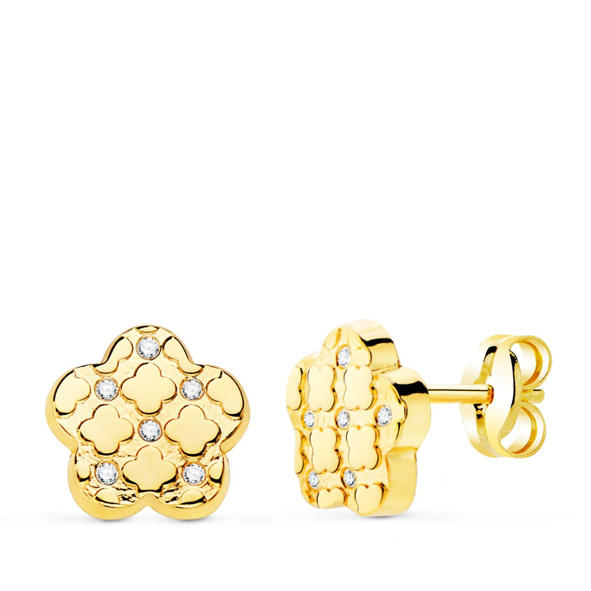 18K PENDIENTES ORO AMARILLO FLOR Y CIRCONITA 7.5X7 MM CIERRE PRESION. 0