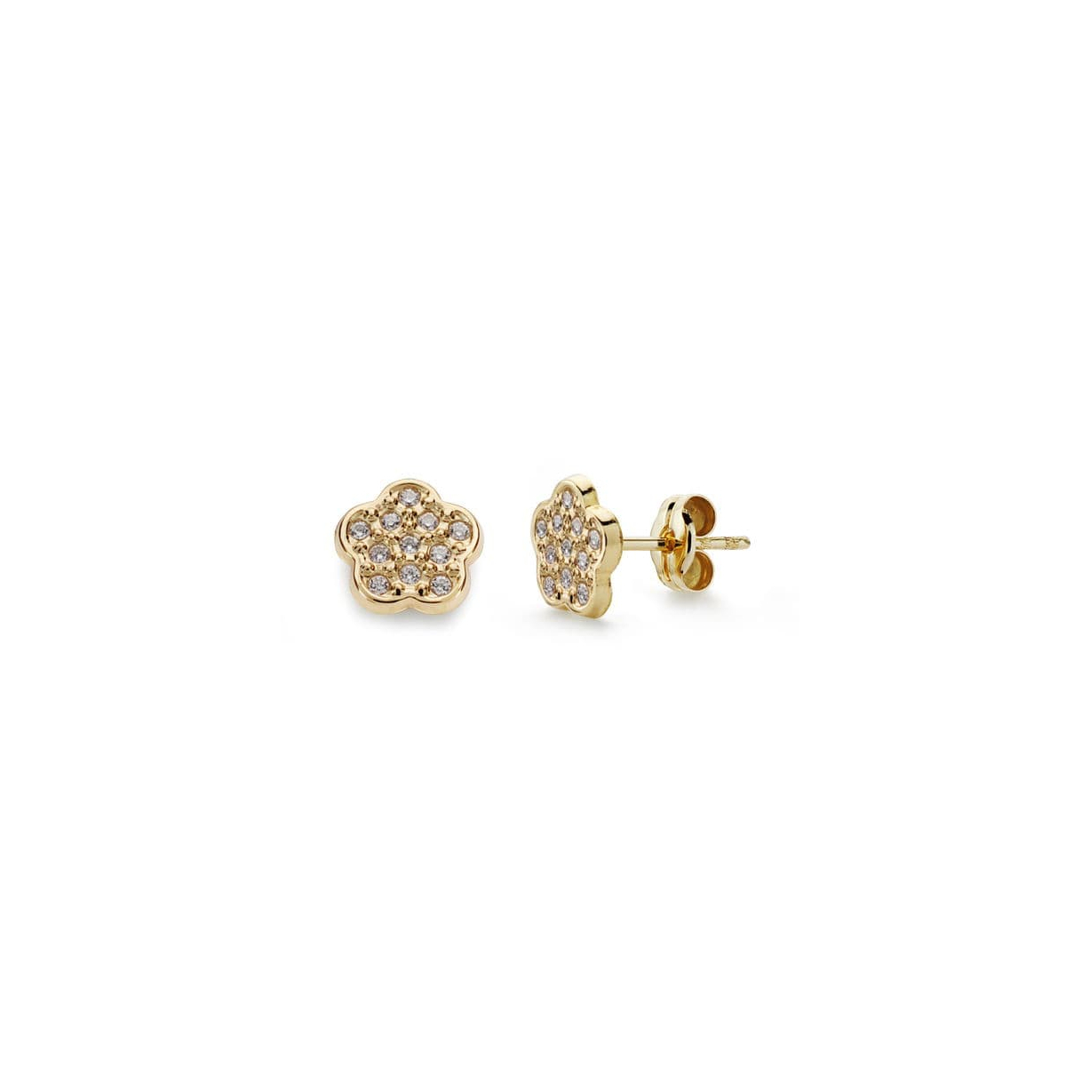 18K PENDIENTES ORO AMARILLO FLOR CIRCONITA 7X7 MM CIERRE PRESION 0