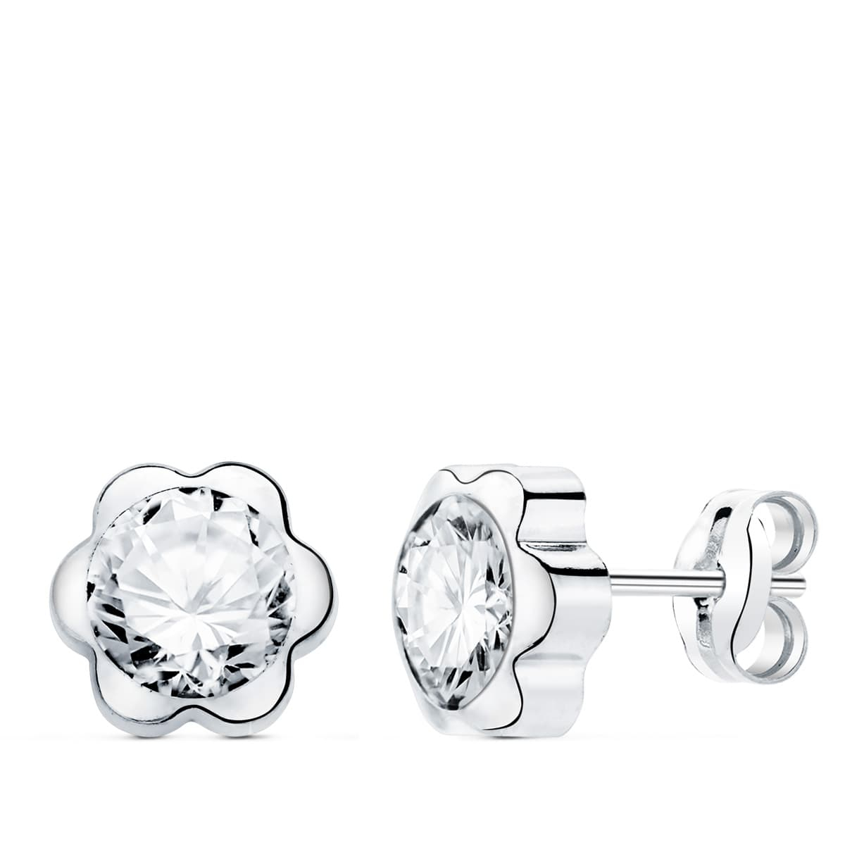 18K PENDIENTES ORO BLANCO FLOR CON CIRCONITA 7X7 MM CIERRE PRESION. 0