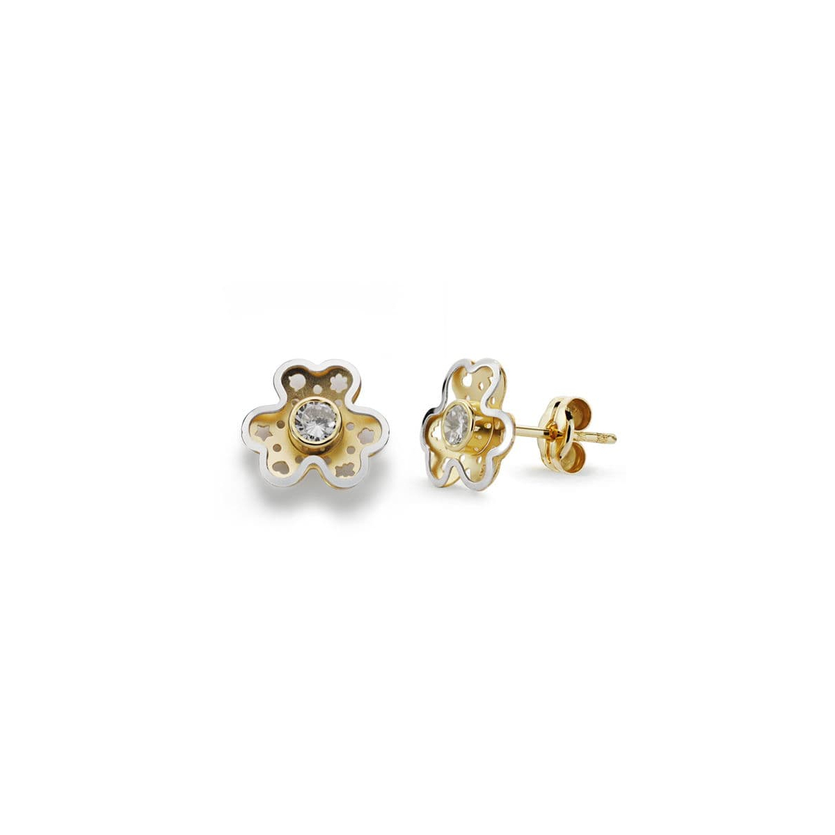 18K PENDIENTES ORO BICOLOR TREBOL CIRCONITA 9X8 MM CIERRE PRESION 0