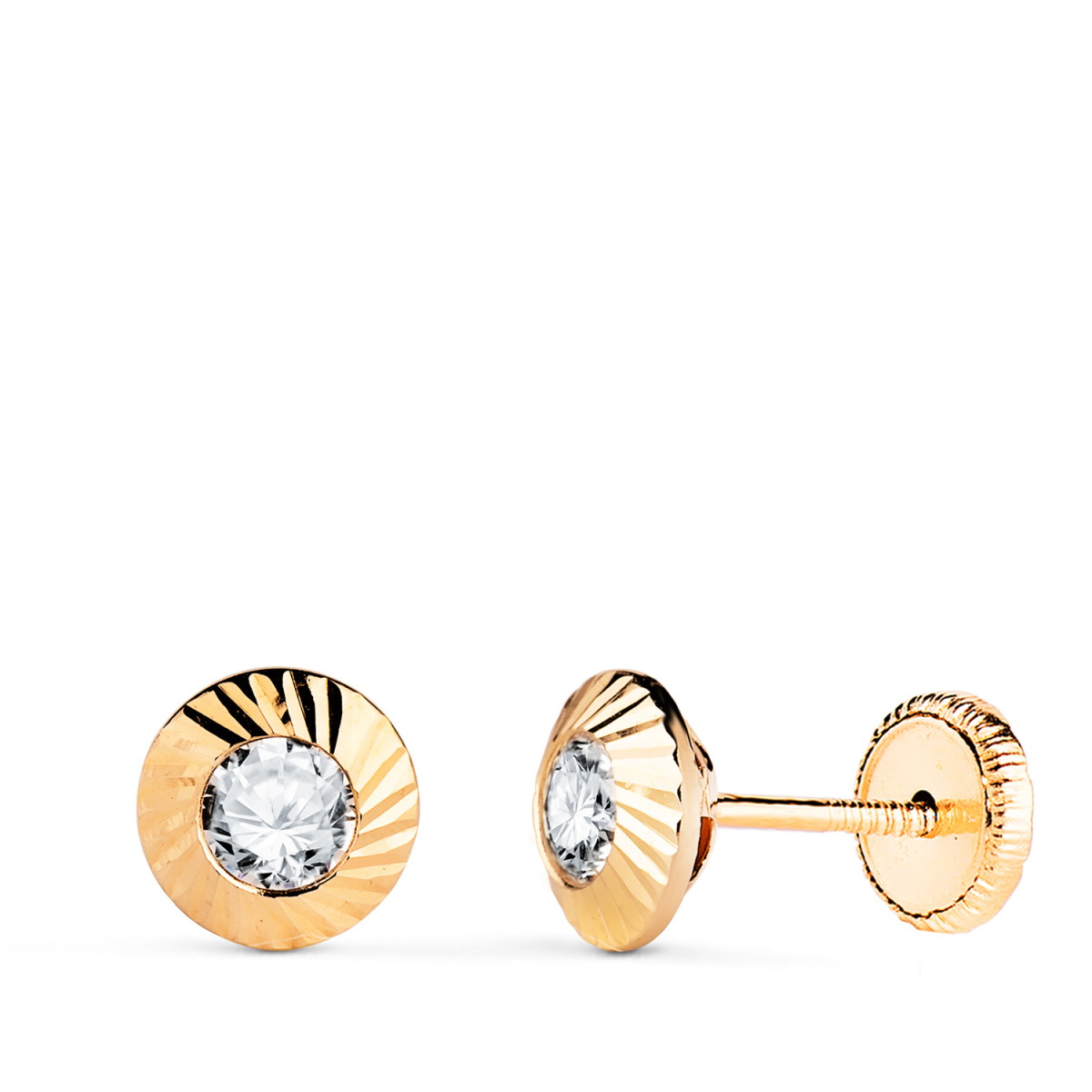 18K PENDIENTES ORO AMARILLO REDONDOS ORLA TALLADA CIRCONITA. MEDIDA: 7MM CIERR TUERCA 0
