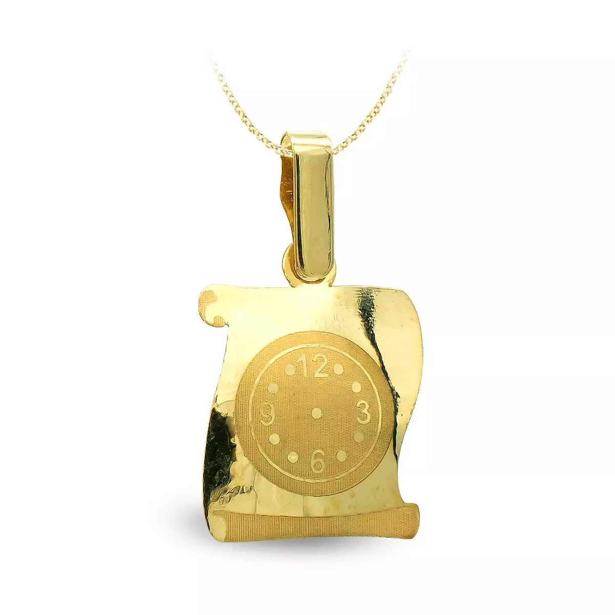 9K COLGANTE PERGAMINO ORO AMARILLO RELOJ GRABADO. 16X13 MM 0