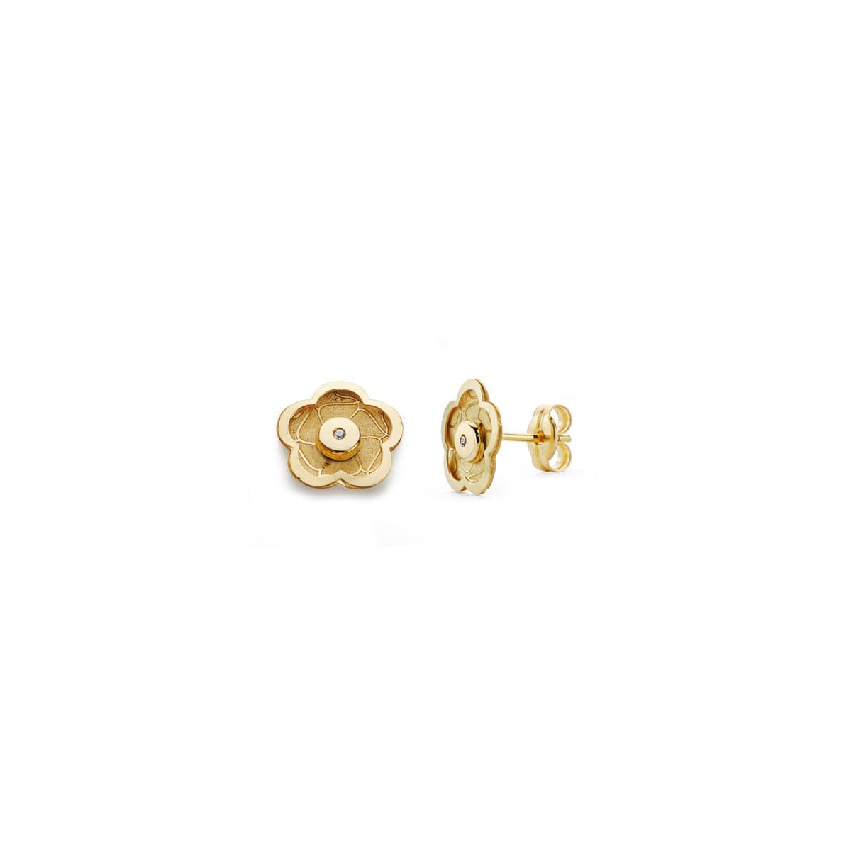18K PENDIENTES ORO AMARILLO FLOR CIRCONITA 8X8 MM CIERRE PRESION 0