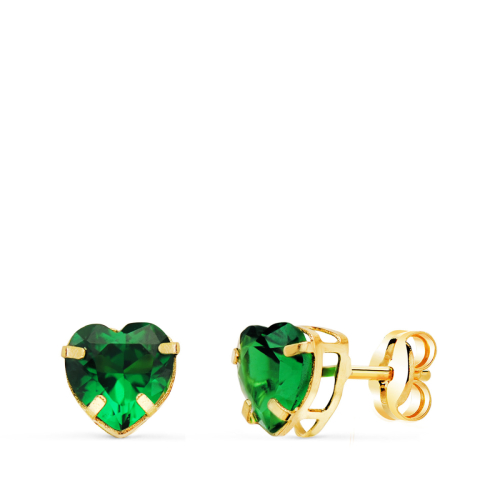 18K PENDIENTES ORO AMARILLO CORAZON PIEDRA COLOR VERDE 6 X 6 MM. CIERRE PRESION 0
