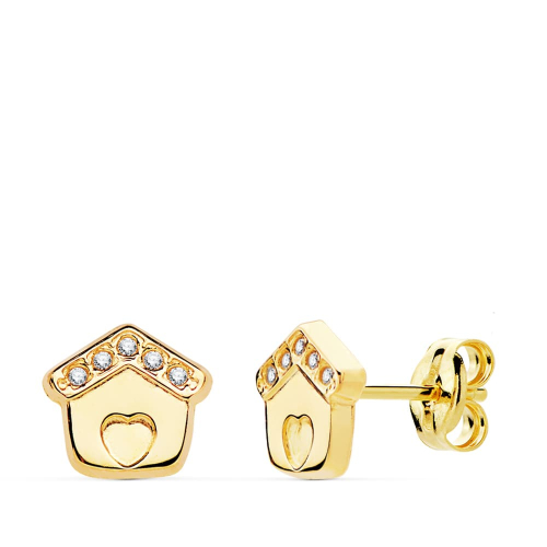18K PENDIENTES ORO AMARILLO CASITA CIRCONITA 7X7 MM CIERRE PRESION 0