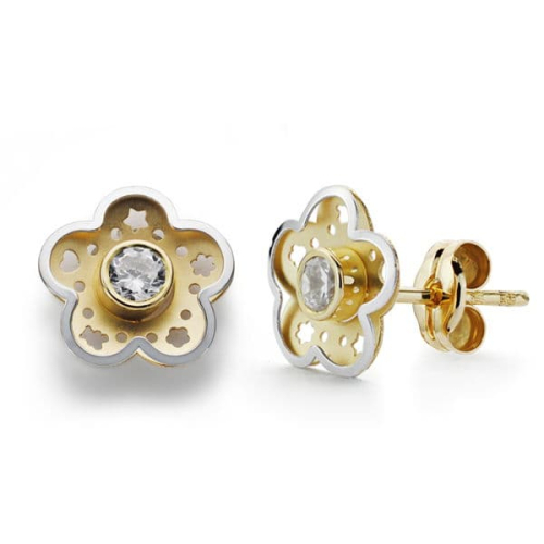 18K PENDIENTES ORO BICOLOR FLOR CIRCONITA 8 MM CIERRE PRESION 0