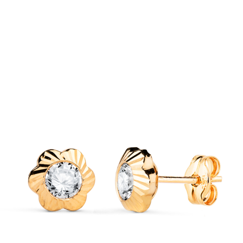 18K PENDIENTES ORO AMARILLO FLOR ORLA TALLADA CIRCONITA. MEDIDA: 7MM CIERRE PRESION 0