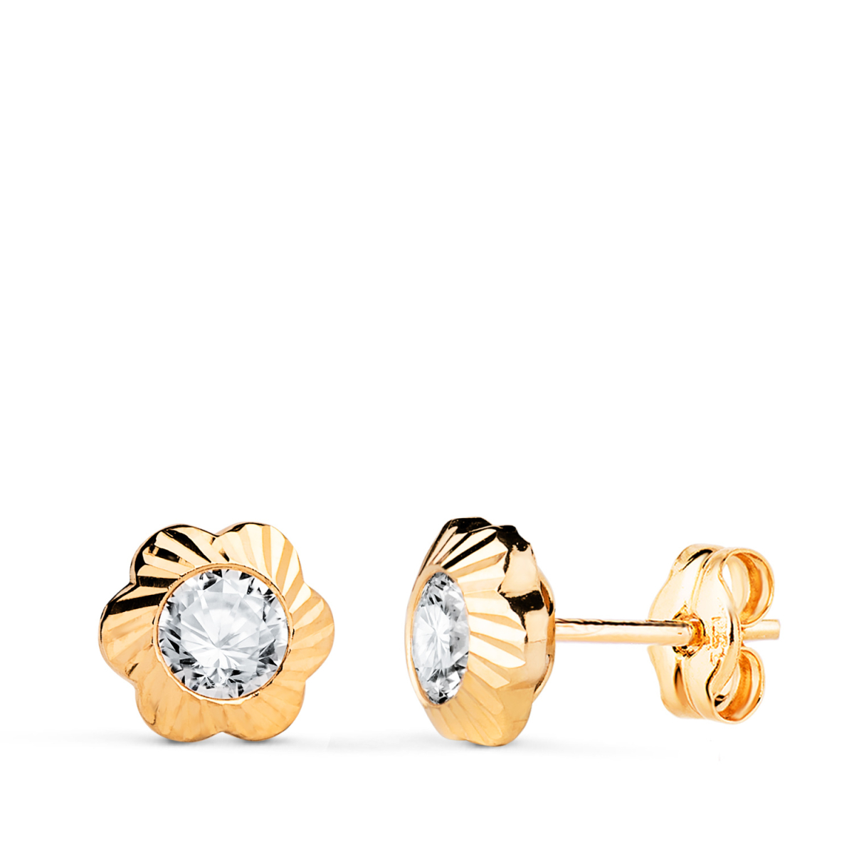 18K PENDIENTES ORO AMARILLO FLOR ORLA TALLADA CIRCONITA. MEDIDA: 7MM CIERRE PRESION 0