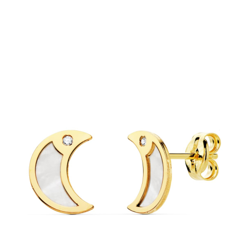 18K PENDIENTES ORO AMARILLO LUNA NACAR Y CIRCONITA 8X6 MM CIERRE PRESION 0