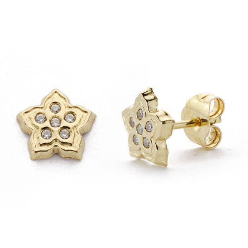 18K PENDIENTES ORO AMARILLO FLOR CIRCONITA 7X7 MM CIERRE PRESION 0
