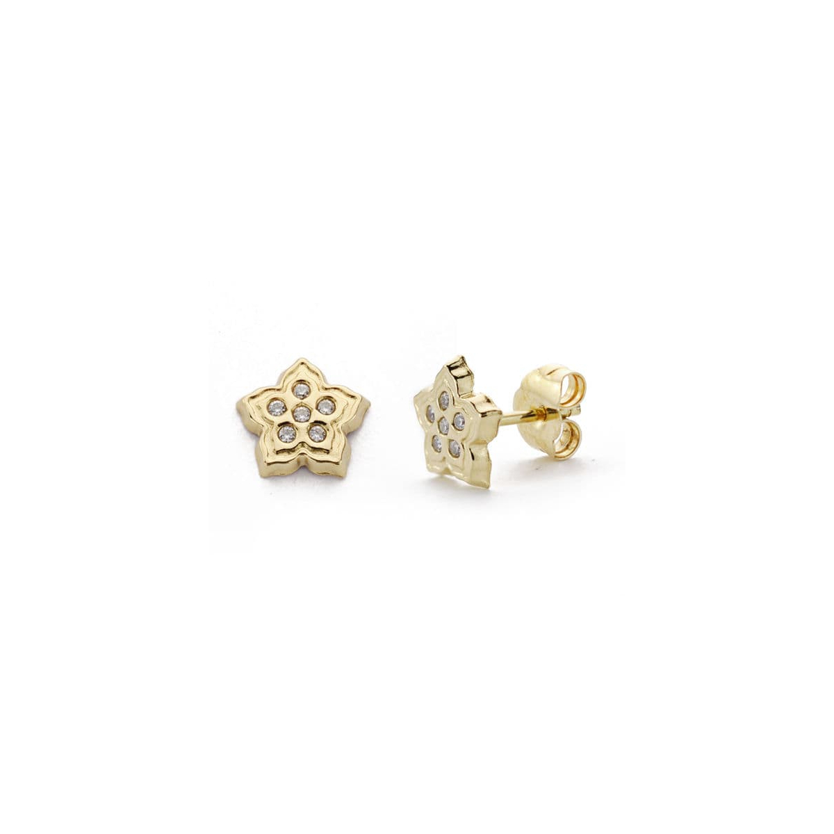 18K PENDIENTES ORO AMARILLO FLOR CIRCONITA 7X7 MM CIERRE PRESION 0