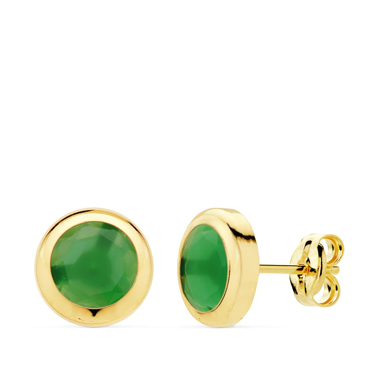 18K PENDIENTES ORO AMARILLO CHATON PIEDRA VERDE. 8.5 MM CIERRE PRESION 0