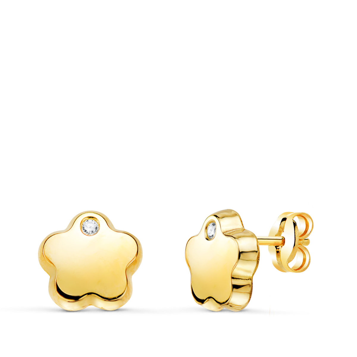 18K PENDIENTES ORO AMARILLO FLOR CON CIRCONITA BRILLO 7X7 MM. CIERRE PRESION 0