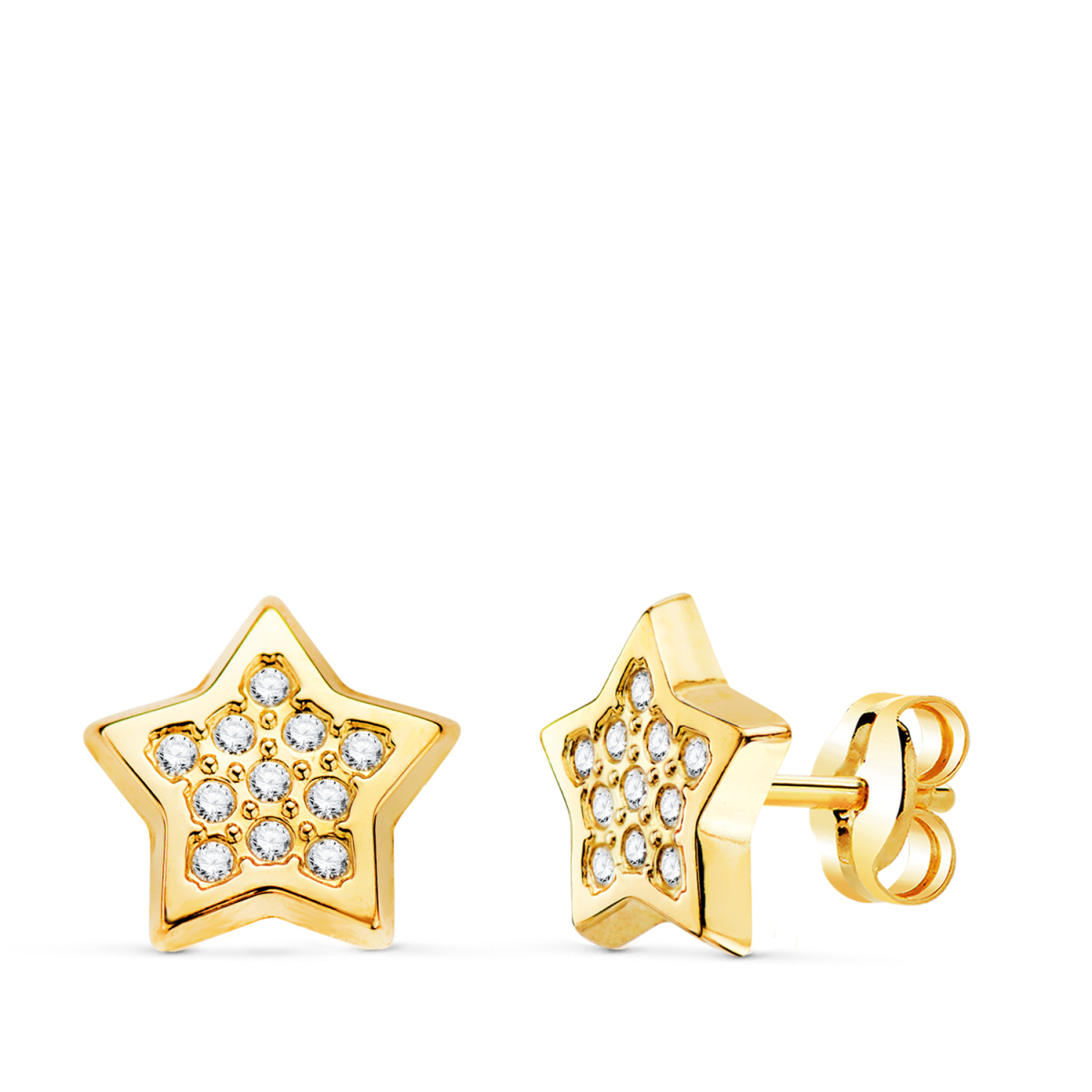 18K PENDIENTES ORO AMARILLO ESTRELLAS CON CIRCONITA 9X9 MM. CIERRE PRESION 0