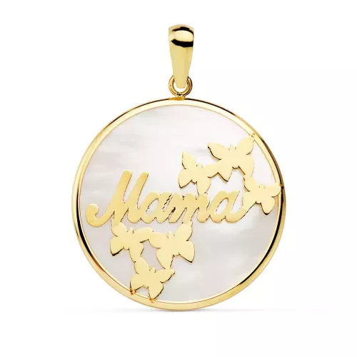 18K COLGANTE ORO AMARILLO MAMA NACAR MARIPOSAS 20 MM 1