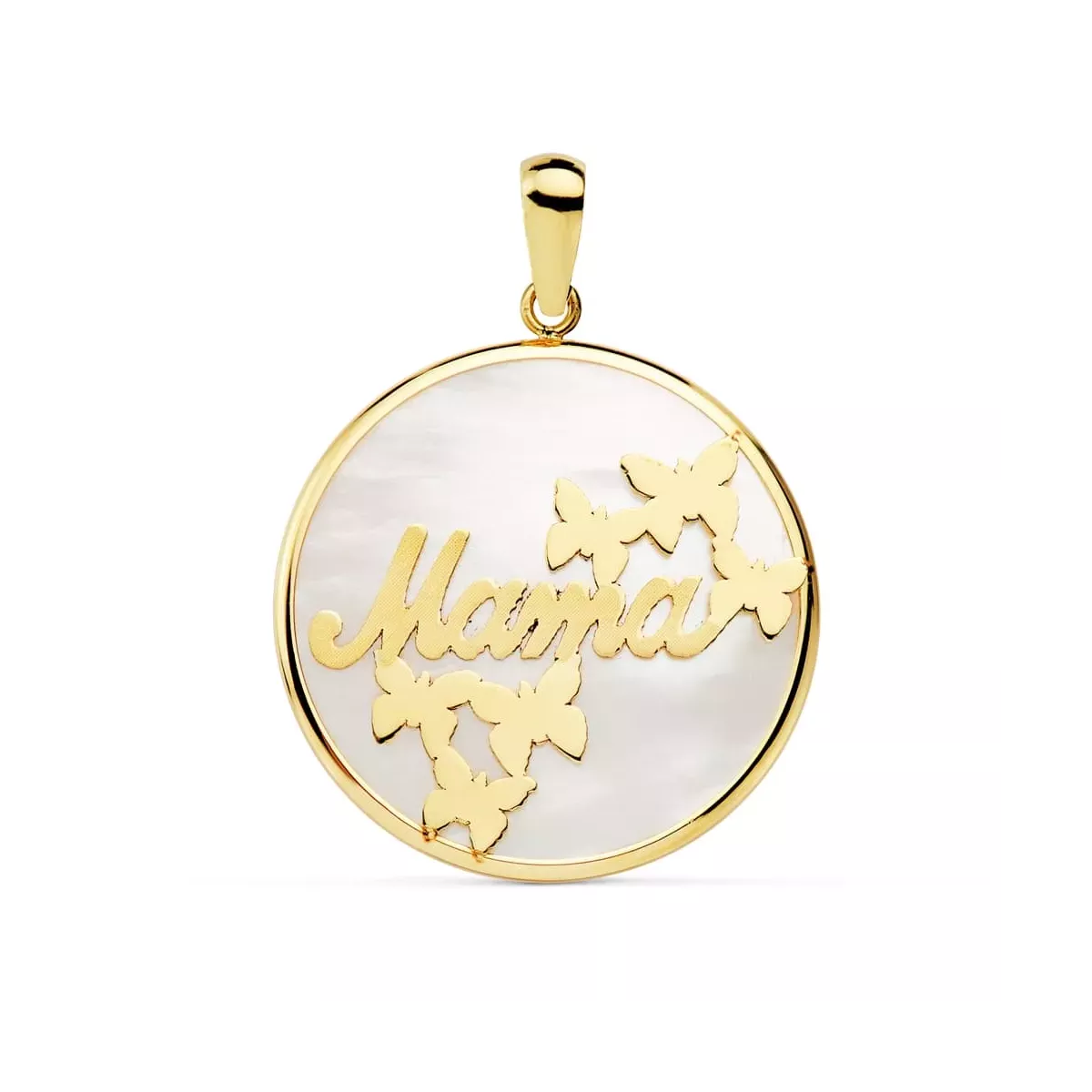 18K COLGANTE ORO AMARILLO MAMA NACAR MARIPOSAS 20 MM 1