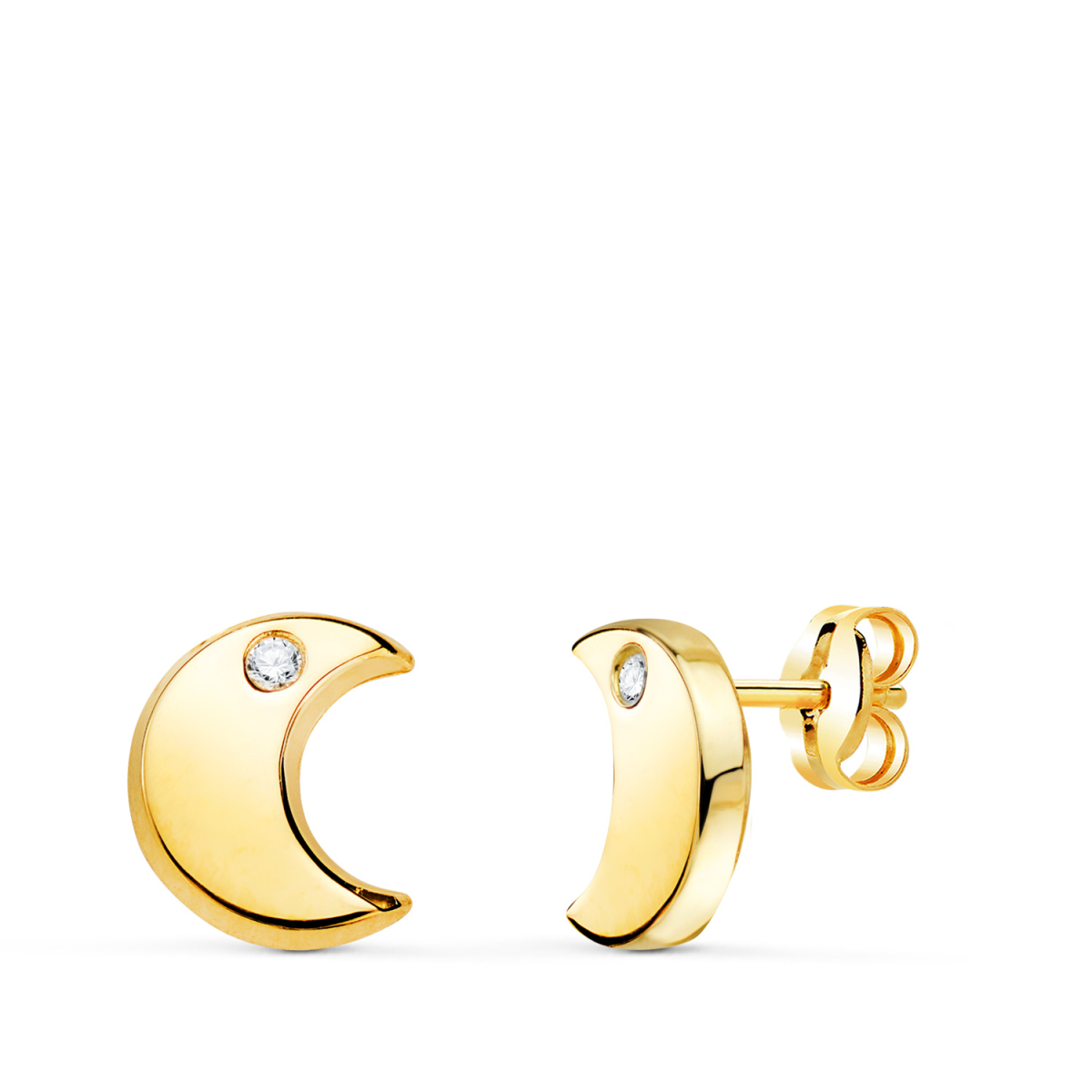 18K PENDIENTES ORO AMARILLO MEDIA LUNA CON CIRCONITA EN BRILLO 9X8 MM. CIERRE PRESION 0
