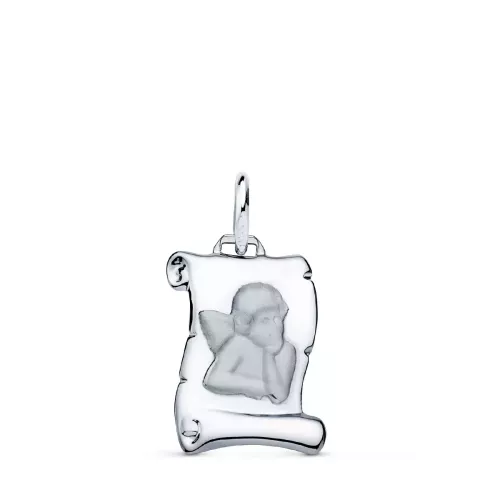 9K COLGANTE PERGAMINO ORO BLANCO ANGEL BURLON BRILLO 14X11 MM 0