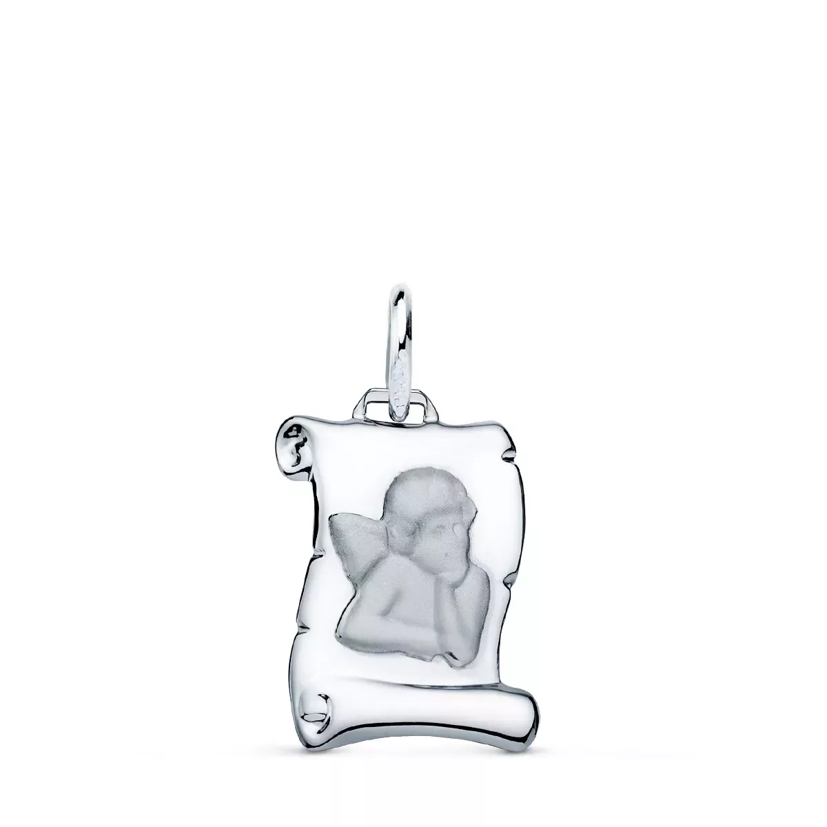9K COLGANTE PERGAMINO ORO BLANCO ANGEL BURLON BRILLO 14X11 MM 0