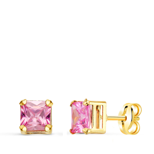 18K PENDIENTES ORO AMARILLO CUADRADOS PIEDRA COLOR ROSA 5