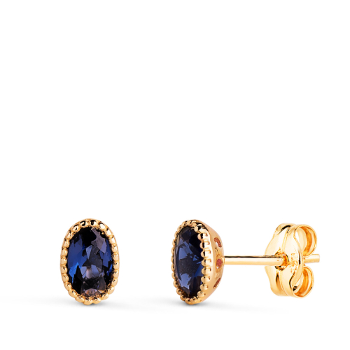 18K PENDIENTES ORO AMARILLO OVAL PIEDRA AZUL BORDES BOLITAS. MEDIDA: 6 X 4MM. CIERRE PRESION 0