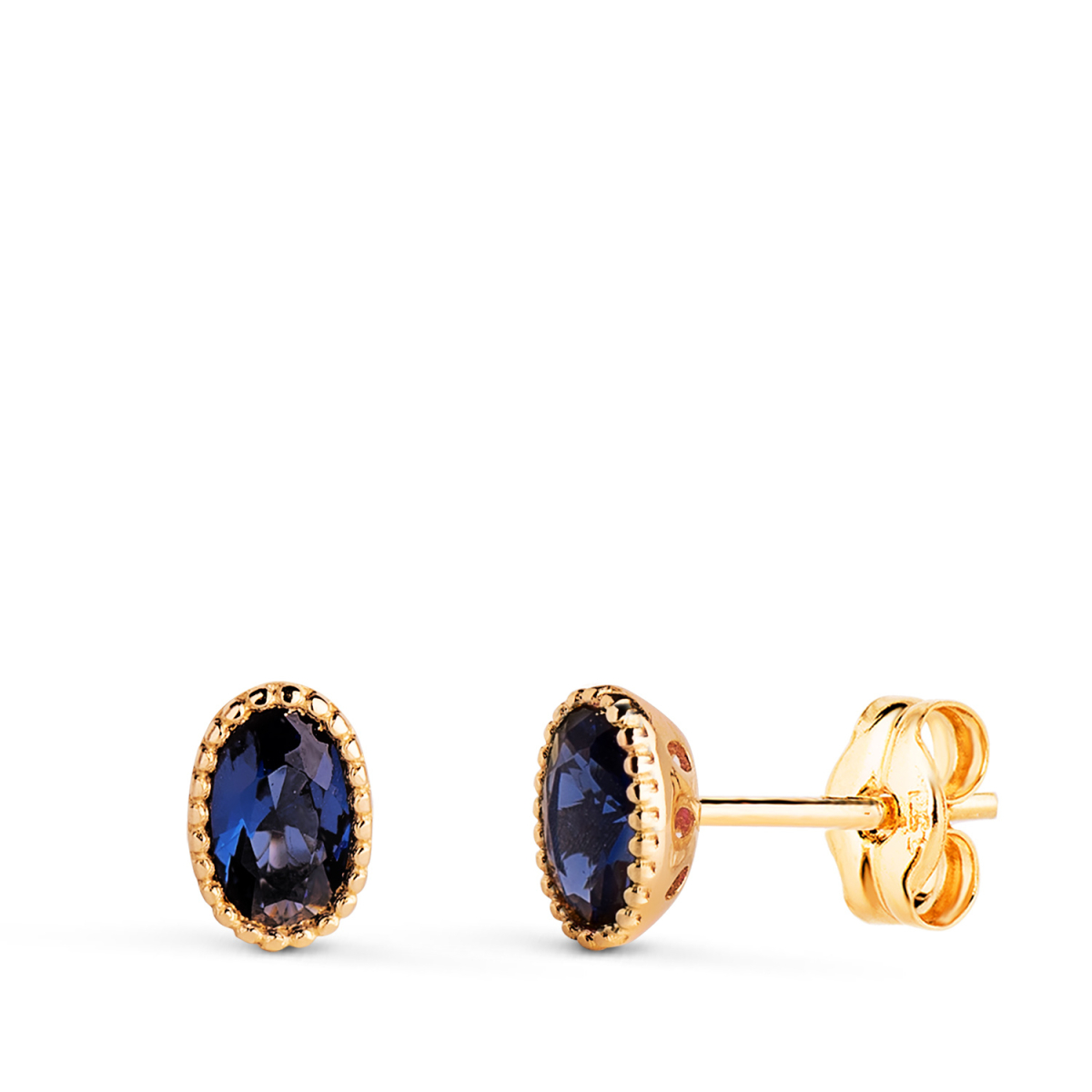 18K PENDIENTES ORO AMARILLO OVAL PIEDRA AZUL BORDES BOLITAS. MEDIDA: 6 X 4MM. CIERRE PRESION 0