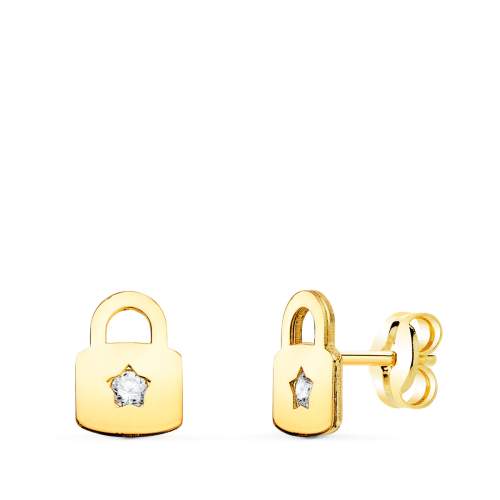 18K PENDIENTES ORO AMARILLO CANDADO CON CIRCONITA CIERRE PRESION 8 X 6 MM 0