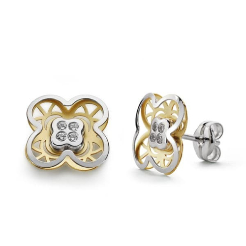 18K PENDIENTES ORO BICOLOR TREBOL CIRCONITA 9 MM CIERRE PRESION 0