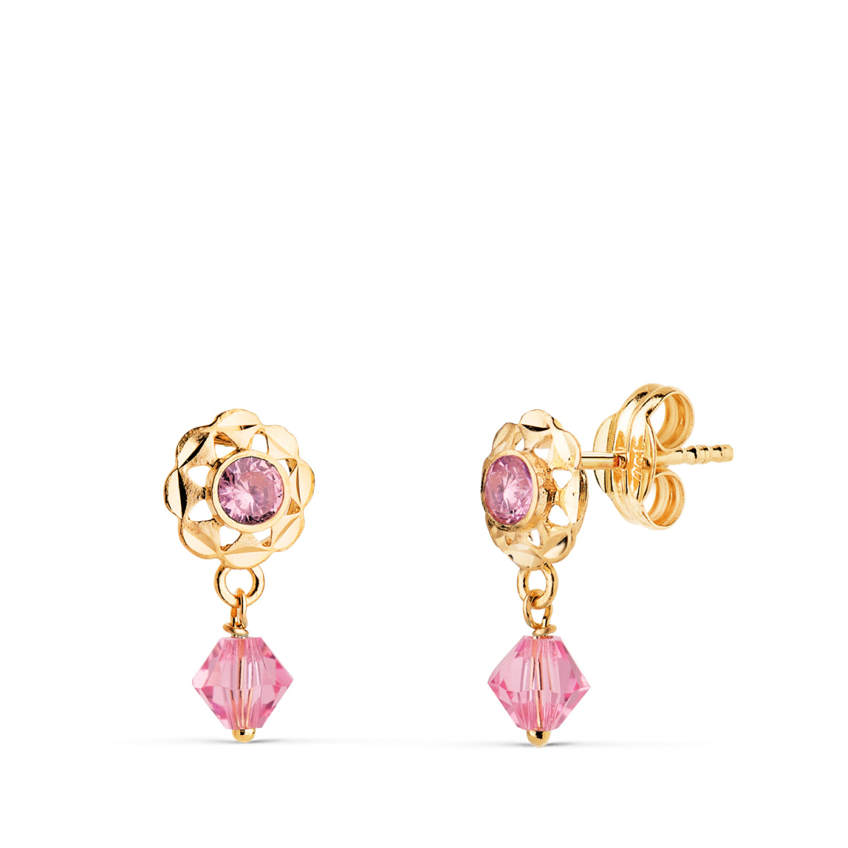 18K PENDIENTES ORO AMARILLO CUBANAS CON CIRCONITAS ROSAS. MEDIDA: 14 X 6