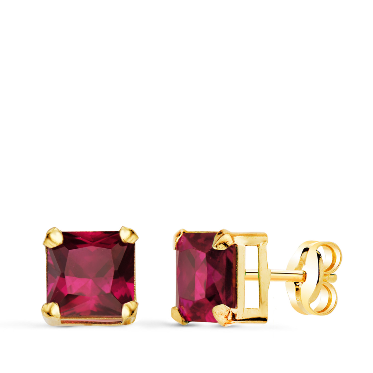 18K PENDIENTES ORO AMARILLO CUADRADOS PIEDRA COLOR ROJO 6 X 6 MM. CIERRE PRESION 0