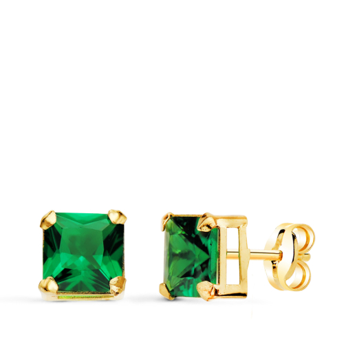 18K PENDIENTES ORO AMARILLO CUADRADOS PIEDRA COLOR VERDE 6 X 6 MM. CIERRE PRESION 0