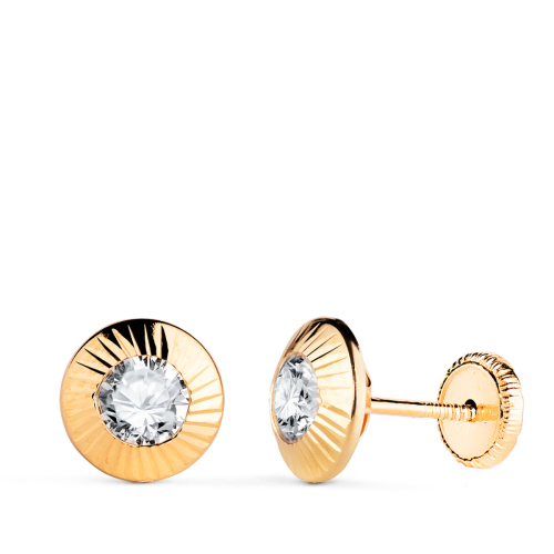 18K PENDIENTES ORO AMARILLO REDONDOS ORLA TALLADA CIRCONITA. MEDIDA: 9MM. CIERRE TUERCA 0