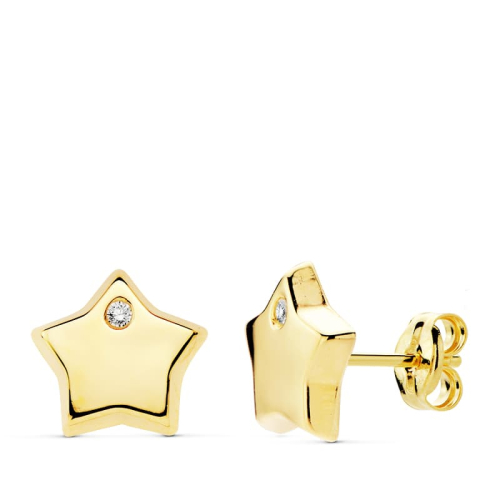 18K PENDIENTES ORO AMARILLO ESTRELLA CIRCONITA 9X9 MM CIERRE PRESION 0