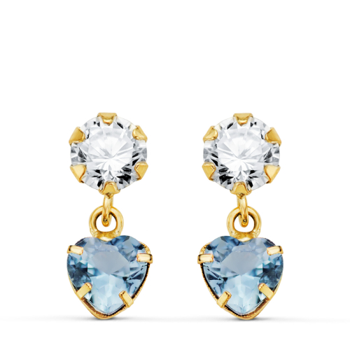 18K PENDIENTES ORO AMARILLO DOS CUERPOS CON CIRCONITA Y AGUAMARINA CORAZON 14 X 5MM. CIERRE PRESION 0