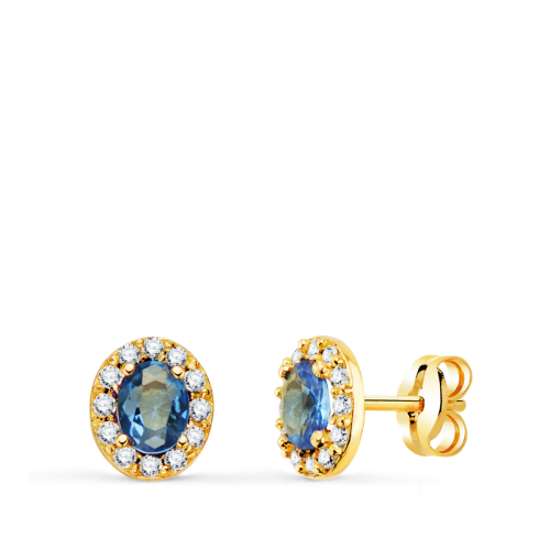 18K PENDIENTES ORO AMARILLO PIEDRA OVAL AZUL Y CIRCONITAS. 6