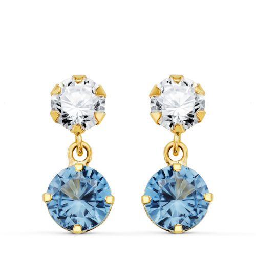 18K PENDIENTES ORO AMARILLO DOS CUERPOS CON CIRCONITA Y AGUAMARINA REDONDA 15 X 6MM. CIERRE PRESION 0