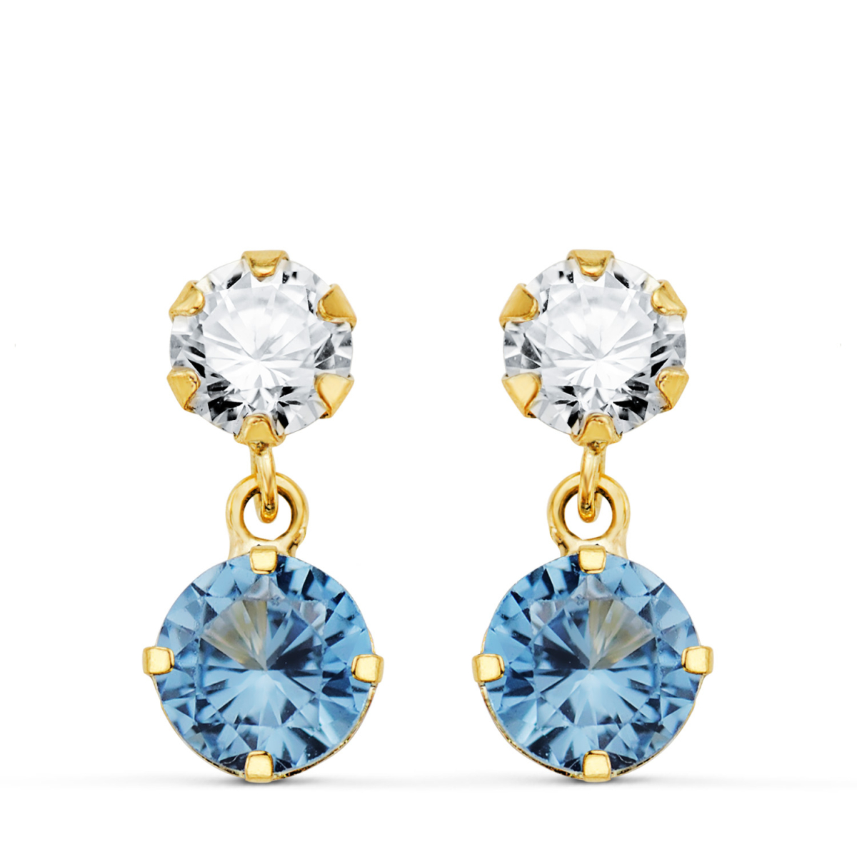 18K PENDIENTES ORO AMARILLO DOS CUERPOS CON CIRCONITA Y AGUAMARINA REDONDA 15 X 6MM. CIERRE PRESION 0