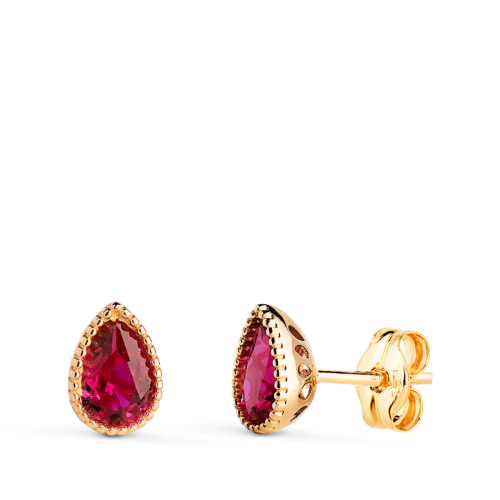 18K PENDIENTES ORO AMARILLO GOTA PIEDRA ROJA BORDES BOLITAS. MEDIDA: 7 X5 MM. CIERRE PRESION 0