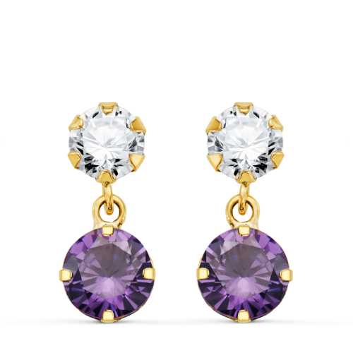 18K PENDIENTES ORO AMARILLO DOS CUERPOS CON CIRCONITA Y AMATISTA REDONDA 15 X 6 MM. CIERRE PRESION 0